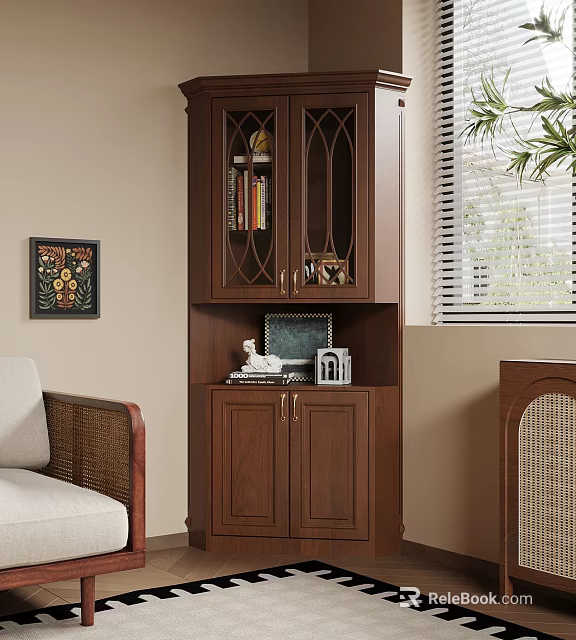 Wooden Display Cabinet With Decorative Items Sofa And Wall Painting In Cozy Living Room 3d model 