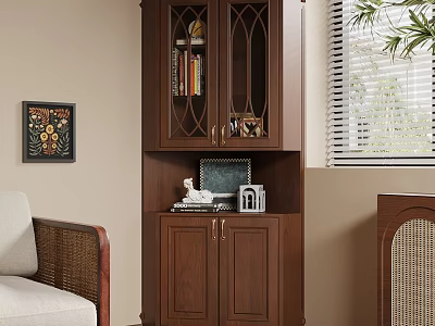 Wooden Display Cabinet With Decorative Items Sofa And Wall Painting In Cozy Living Room 3d model