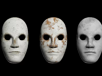 Three White Masks With Worn Rustic Details On Black Background 3d model