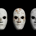 Three White Masks With Worn Rustic Details On Black Background 3d model