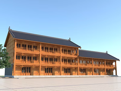 Two Story Traditional Wooden House With Wooden Exterior And Traditional Roof Near Tree 3d model