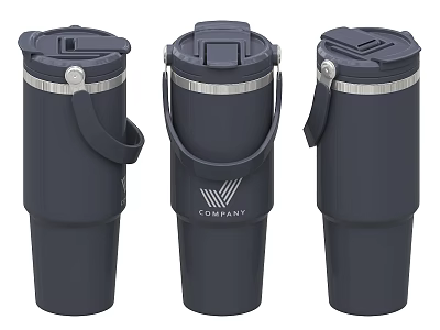 Three Dark Blue CHAMARY Vacuum Insulated Mugs With Handle And Lid 3d model