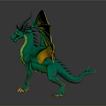 Green Dragon 3D Model with Orange Wings Horns and Yellow Claws on Gray Background