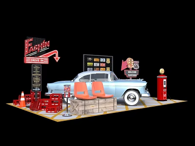 Vintage Eastern Gas Station Display With Classic Car Red Chairs And Neon Sign 3d model