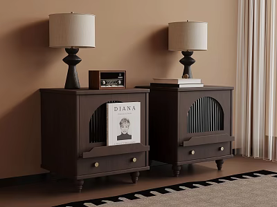 Dark Wooden Bedside Tables With Table Lamps Book And Vintage Radio Near Curtains 3d model