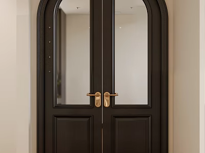 Black Double Doors With Gold Handles Arched Glass And Wooden Panels 3d model