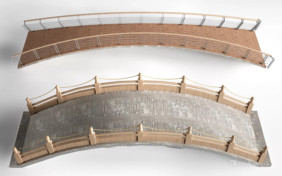 Arch Bridge Design Showcasing Modern Traditional Styles With Metal Wooden Railings And Deck 3d model 