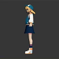 3D Animated Girl Character With Blonde Curly Hair Blue Cap Blue Skirt And Open Arms