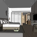 Modern Hotel Bedroom Interior With Bed Sofa TV Desk And Wooden Floor