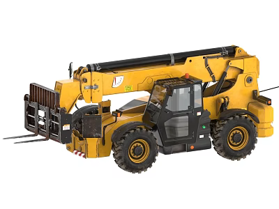 Yellow Industrial Utility Vehicle With Telescopic Boom Fork Attachment And Large Tires 3d model