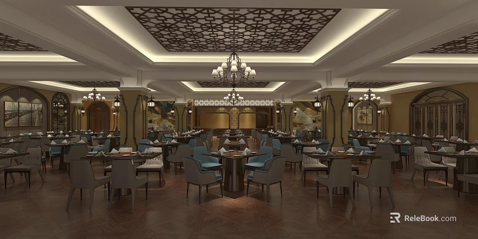 Elegant Restaurant Interior Design With Decorative Ceiling Chandeliers Dining Tables And Chairs 3d model 