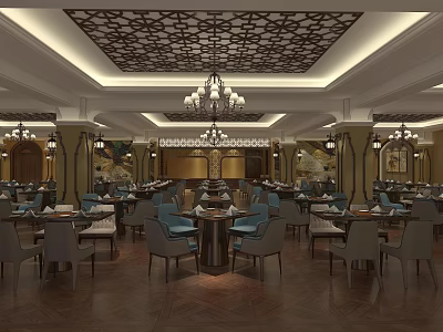 Elegant Restaurant Interior Design With Decorative Ceiling Chandeliers Dining Tables And Chairs 3d model