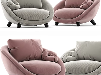 Modern Accent Chairs in Gray Corduroy and Pink Velvet with Rounded Design and Soft Cushions 3d model