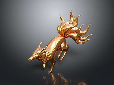 Golden Multi Tailed Fox 3D Character in Dynamic Pose with Metallic Shine on Dark Background 3d model