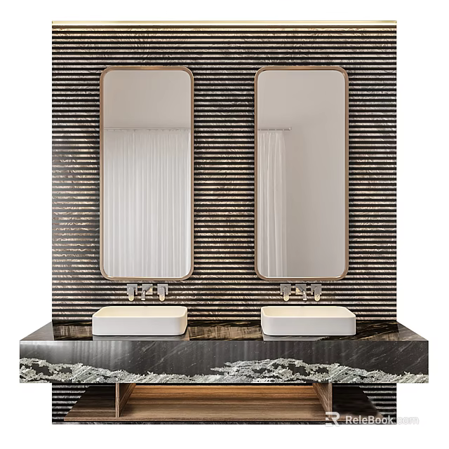 Modern Bathroom Vanity With Double Mirrors Striped Wall And Marble Countertop 3d model