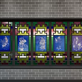 Traditional Casement Window with Stained Glass Figural Patterns on Gray Brick Wall