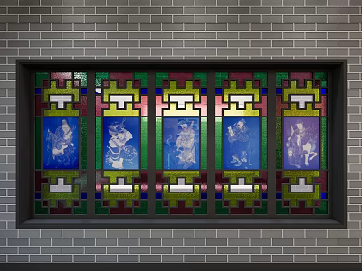 Traditional Casement Window with Stained Glass Figural Patterns on Gray Brick Wall 3d model