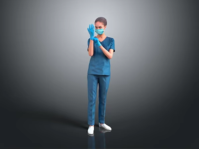 Healthcare Worker In Blue Uniform Wearing Protective Mask And Gloves Full Body View 3d model