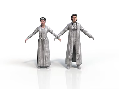 Two Figures In Gray Robes With Belts Holding Hands On White Background 3d model