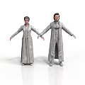 Two Figures In Gray Robes With Belts Holding Hands On White Background