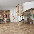 Modern Library Interior With Wooden Shelves And Spiral Staircase