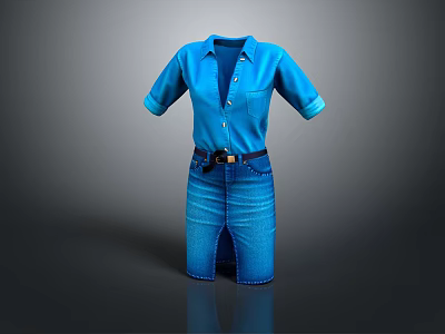 Blue Denim Shirt Collared Short Sleeve Button Front Dress with Belted Waist and Split Hem 3d model