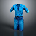 Blue Denim Shirt Collared Short Sleeve Button Front Dress with Belted Waist and Split Hem