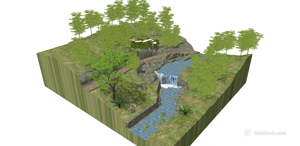 Garden Landscape Design With Hillside Stream Waterfall And Green Trees Path 3d model 