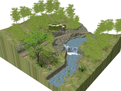 Garden Landscape Design With Hillside Stream Waterfall And Green Trees Path 3d model