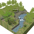 Garden Landscape Design With Hillside Stream Waterfall And Green Trees Path 3d model