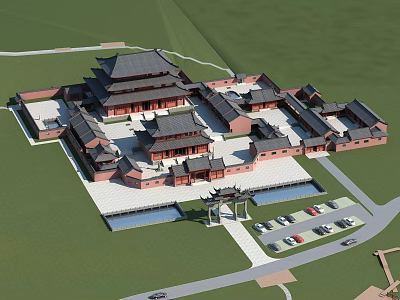 Ancient Chinese Traditional Architecture Complex With Courtyard Layout Red Walls Black Tiles And Water Pond 3d model