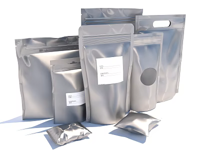 Silver Packaging Bags For Household Supplies With Different Sizes Shapes Labels And Handle 3d model