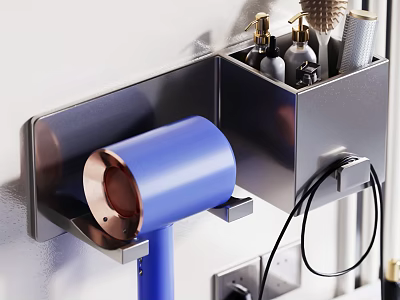 Modern Bathroom Accessories Wall Mounted Holder with Hair Dryer Toiletries and Curling Iron 3d model