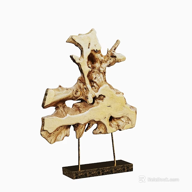 Artistic Decorative Ornament Set Featuring Wooden Abstract Sculpture on Black Metal Stand 3d model 