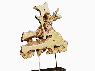Artistic Decorative Ornament Set Featuring Wooden Abstract Sculpture on Black Metal Stand 3d model