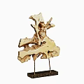 Artistic Decorative Ornament Set Featuring Wooden Abstract Sculpture on Black Metal Stand