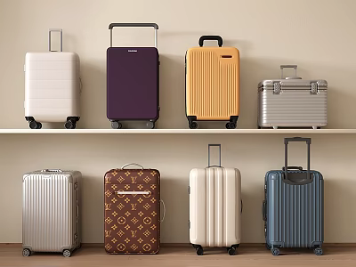 Various Colorful Hard Shell Suitcases With Wheels And Telescopic Handles On Shelf 3d model