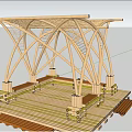 Modern Wooden Pergola With Crossed Frame Structure And Bench Seats In Outdoor Garden