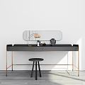 Modern Minimalist Dressing Table With Black Countertop Gold Legs Copper Lamp And Oval Mirror