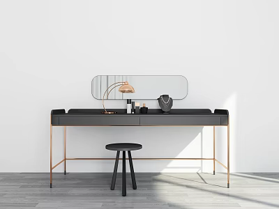 Modern Minimalist Dressing Table With Black Countertop Gold Legs Copper Lamp And Oval Mirror 3d model
