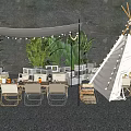 Canvas Tepee Tent With String Lights Tables Chairs And Green Plants On Gravel Ground