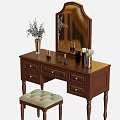 Wooden Dressing Table with Framed Mirror Drawers Upholstered Stool and Cosmetics in Flower Vase