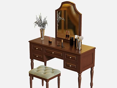 Wooden Dressing Table with Framed Mirror Drawers Upholstered Stool and Cosmetics in Flower Vase 3d model