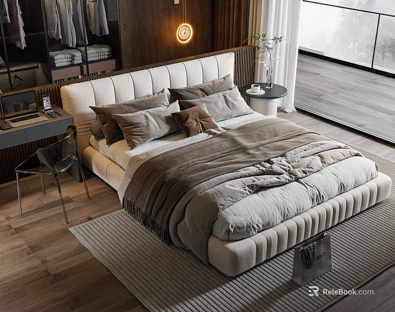 Modern Upholstered Double Bed With Multiple Pillows Layered Blanket Wooden Wall And Round Light 3d model 