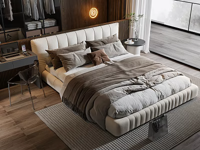 Modern Upholstered Double Bed With Multiple Pillows Layered Blanket Wooden Wall And Round Light 3d model