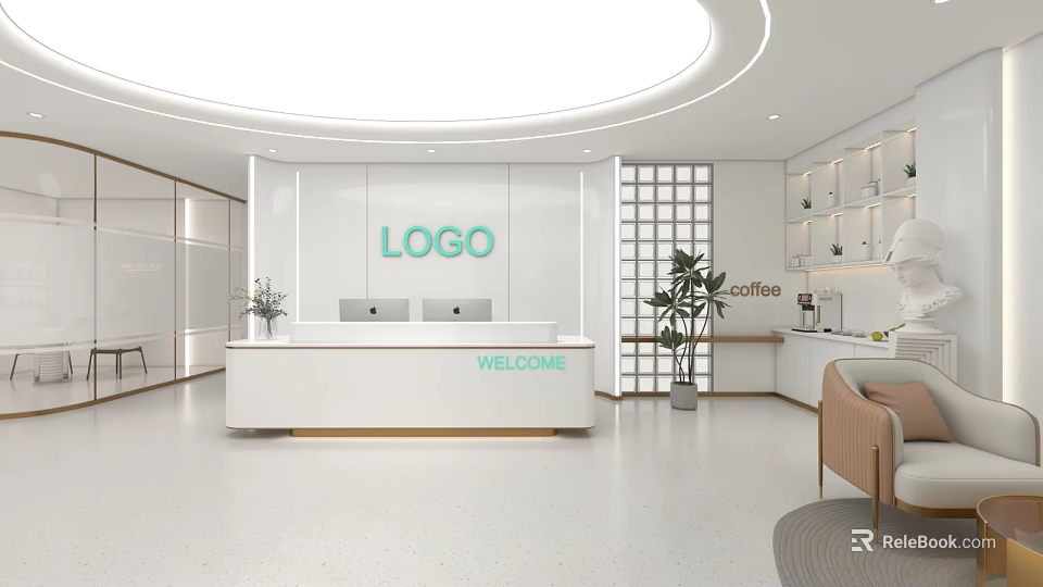 Modern Bright White Office Reception Desk With Comfortable Waiting Area And Neat Functional Coffee Corner 3d model 