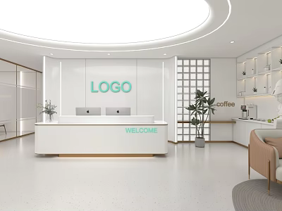 Modern Bright White Office Reception Desk With Comfortable Waiting Area And Neat Functional Coffee Corner 3d model