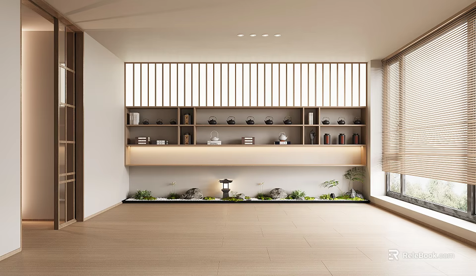 Japanese Style Room Interior With Wooden Shelves Lattice Window Green Plants And Stone Lantern 3d model 