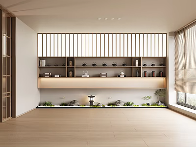 Japanese Style Room Interior With Wooden Shelves Lattice Window Green Plants And Stone Lantern 3d model