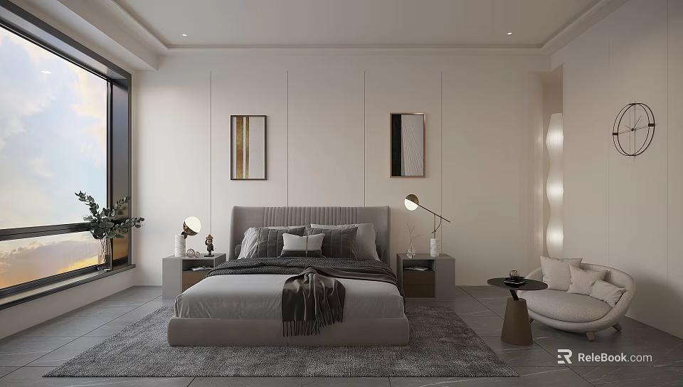Modern Bedroom with Gray Bed Nightstands Table Lamps Wall Art Gray Rug and Window Plant 3d model 